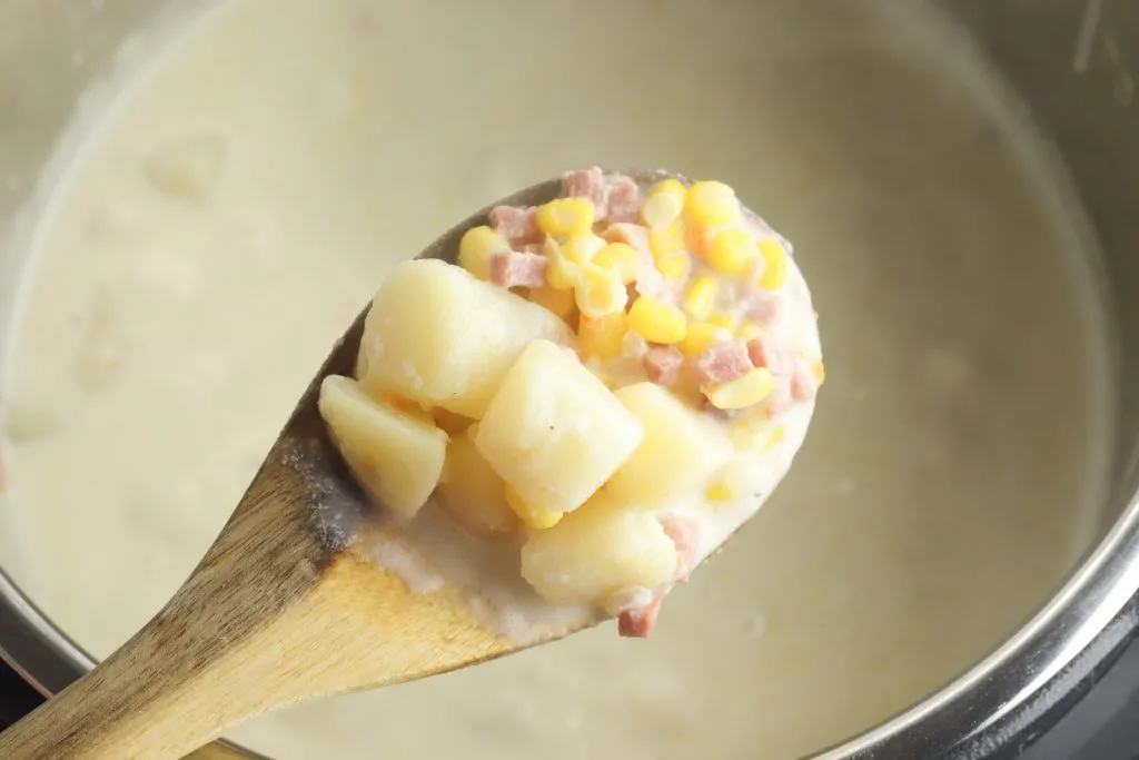 A spoonful of Instant Pot Corn Chowder