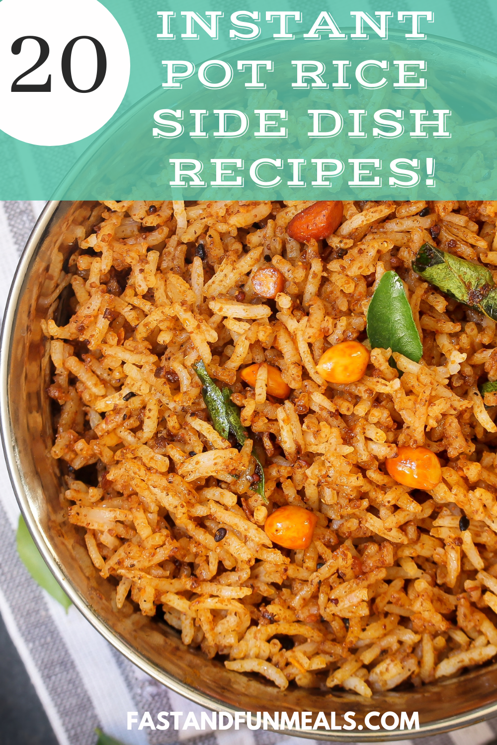 Pin showing the title of 20 instant pot rice side dish recipes on top and a photo of finished rice recipe below. 