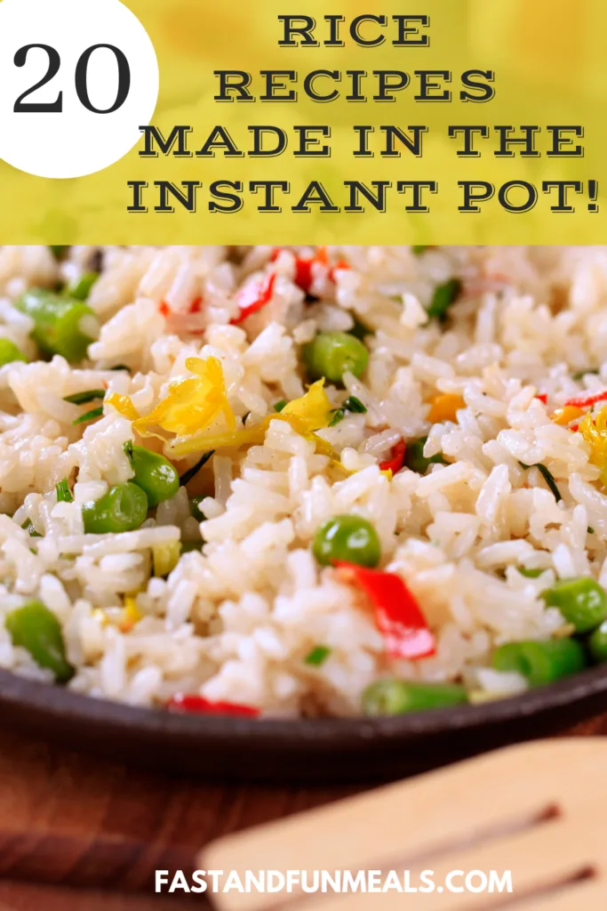 Pin showing the title of 20 instant pot rice side dish recipes on top and a photo of finished rice recipe below.