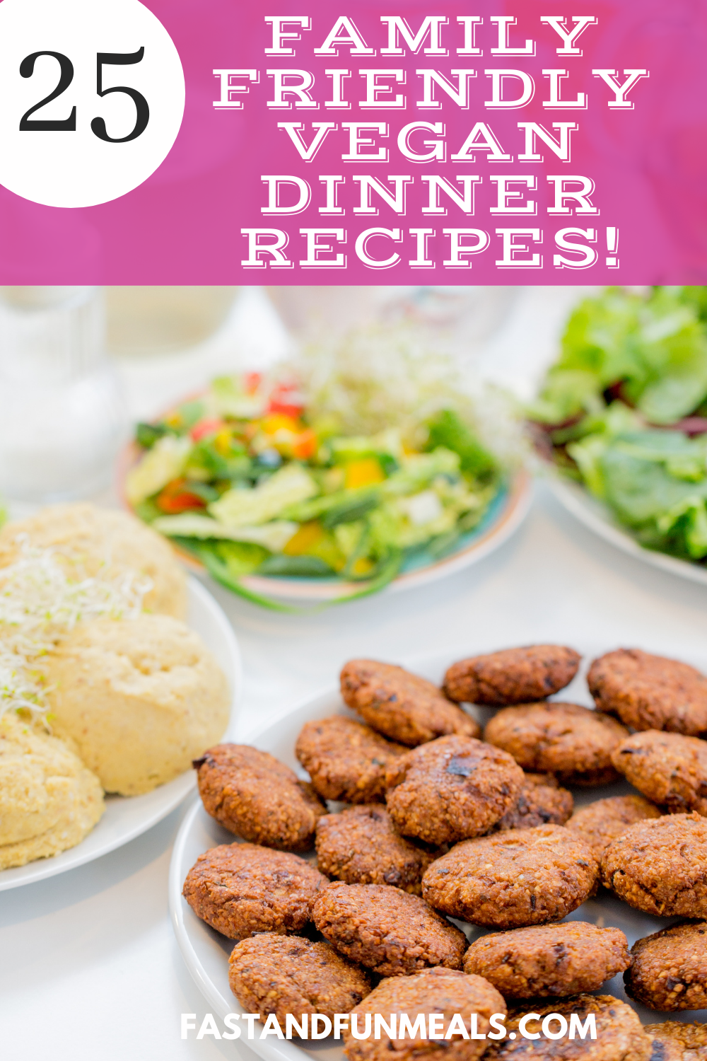 Pin showing title of 25 delicious vegan dinner recipes with a photo of one below ready to eat. 
