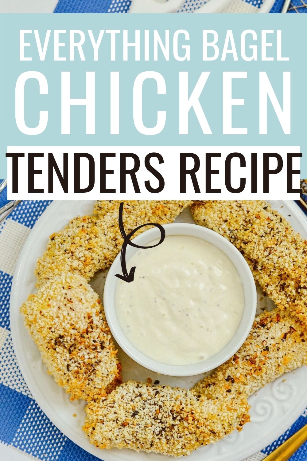 Pin showing the finished air fryer everything bagel chicken tenders recipe.