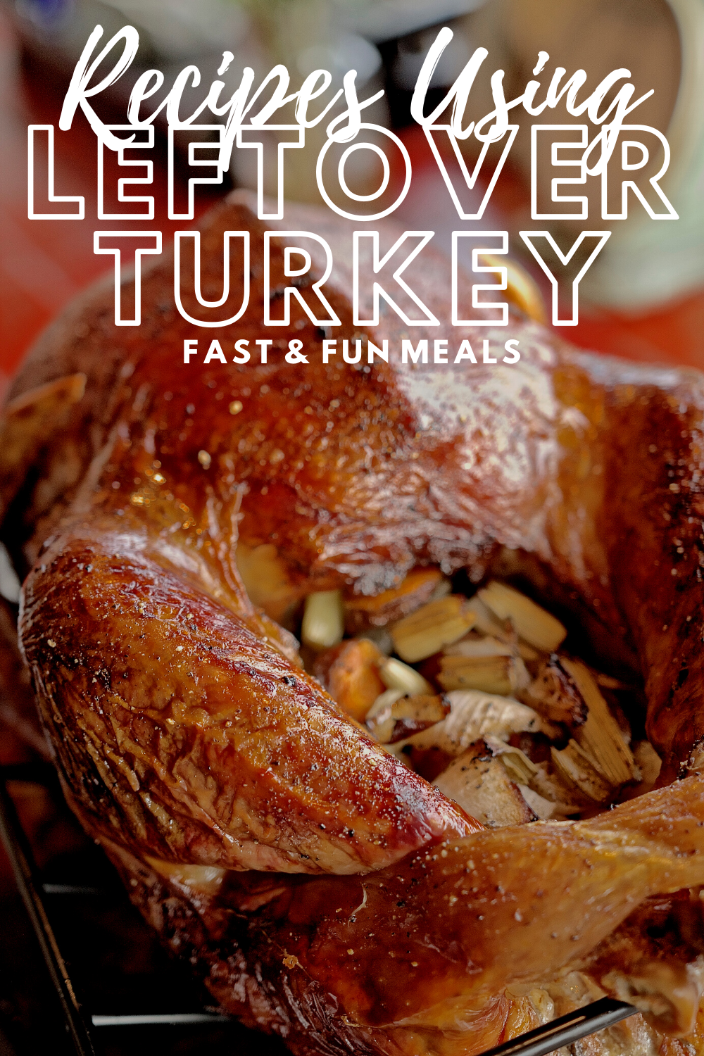 Pin showing the title of recipes using leftover turkey at the top with a turkey in the background. 