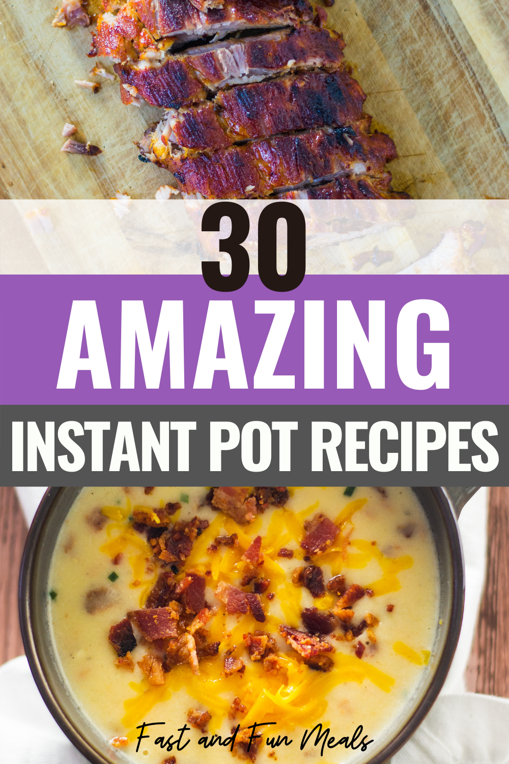 best instant pot recipes pin showing some finished recipes and the title across the middle. 