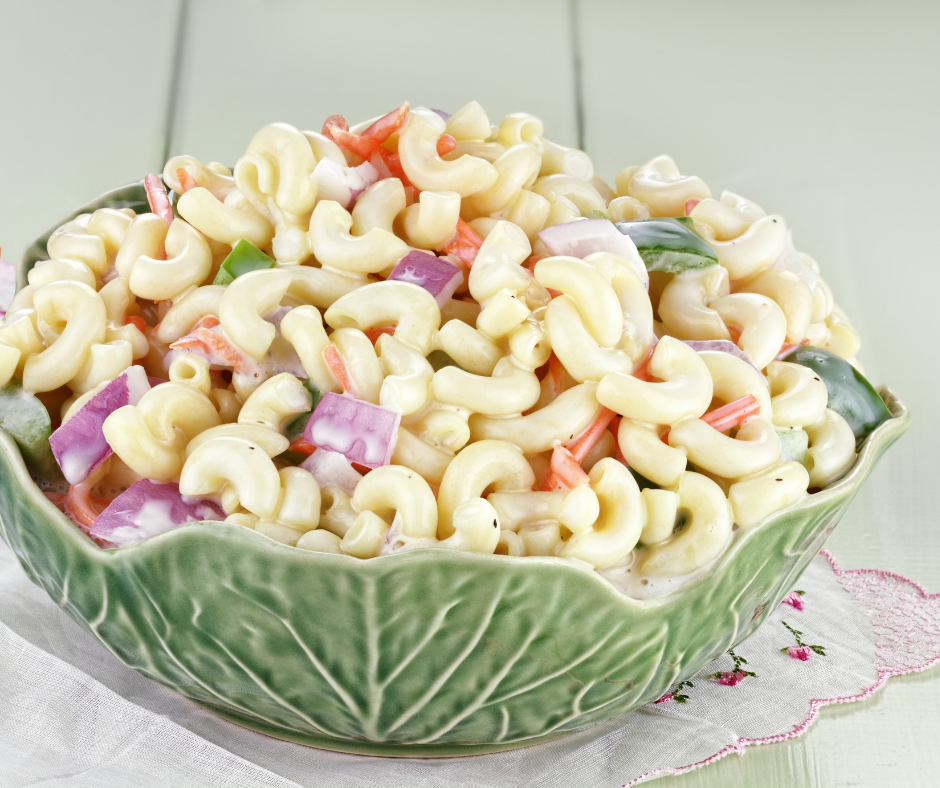 Featured image showing macaroni salad recipes finished ready to eat.