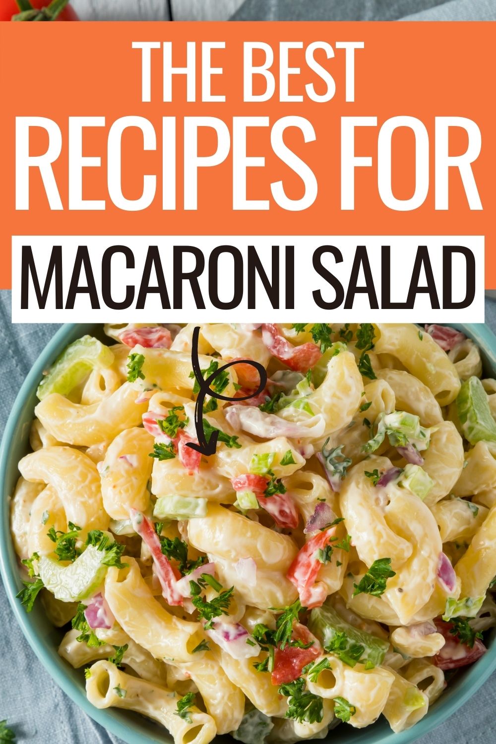 Pin showing the finished macaroni salad recipes with title at the top. 