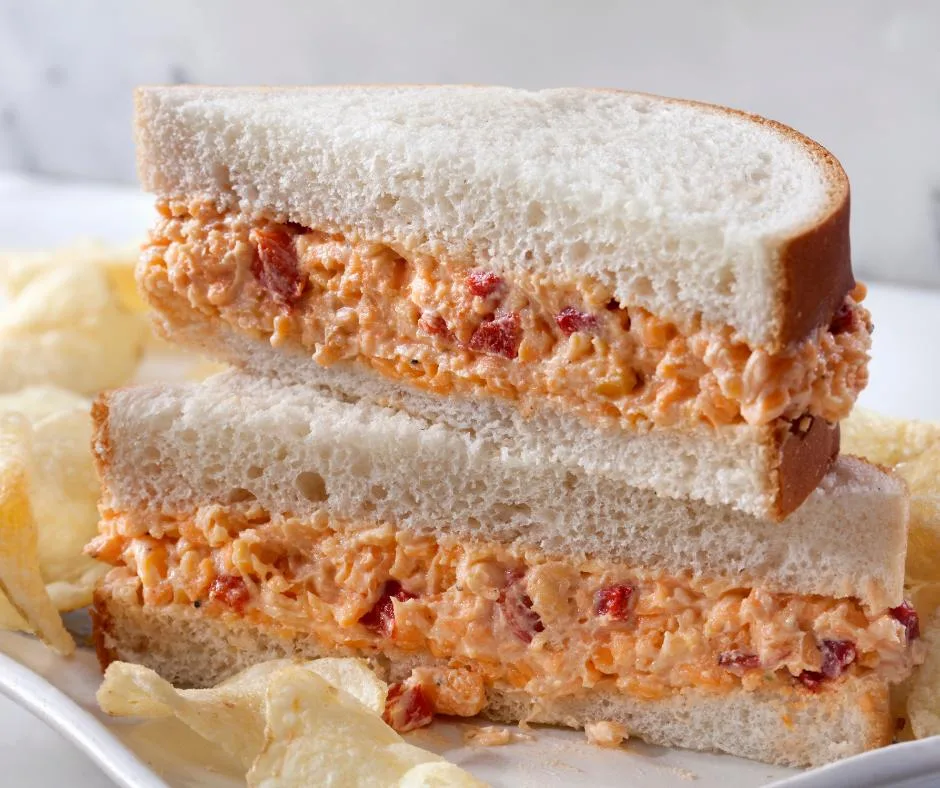 featured image showing pimento cheese recipes on bread with chips.