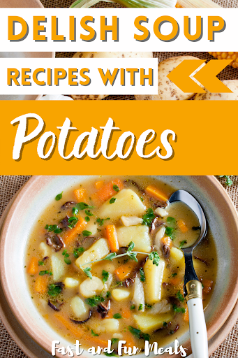 Pin showing the title Delish Soup Recipes with Potatoes