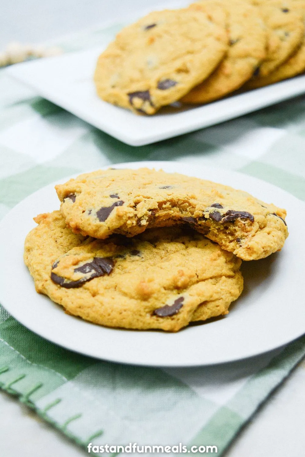 soft pumpkin chocolate chip cookies with a bite taken out